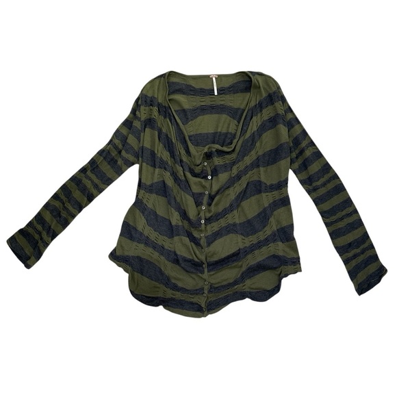 Free People LRG Olive & Gray Striped Crumbled Ruched Cardigan - Picture 1 of 5